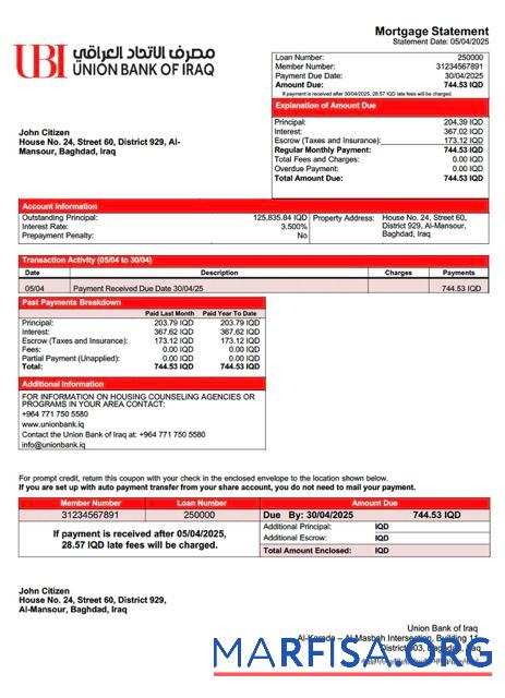 Downloadable Iraq Union Bank of Iraq mortgage statement Word and PDF template